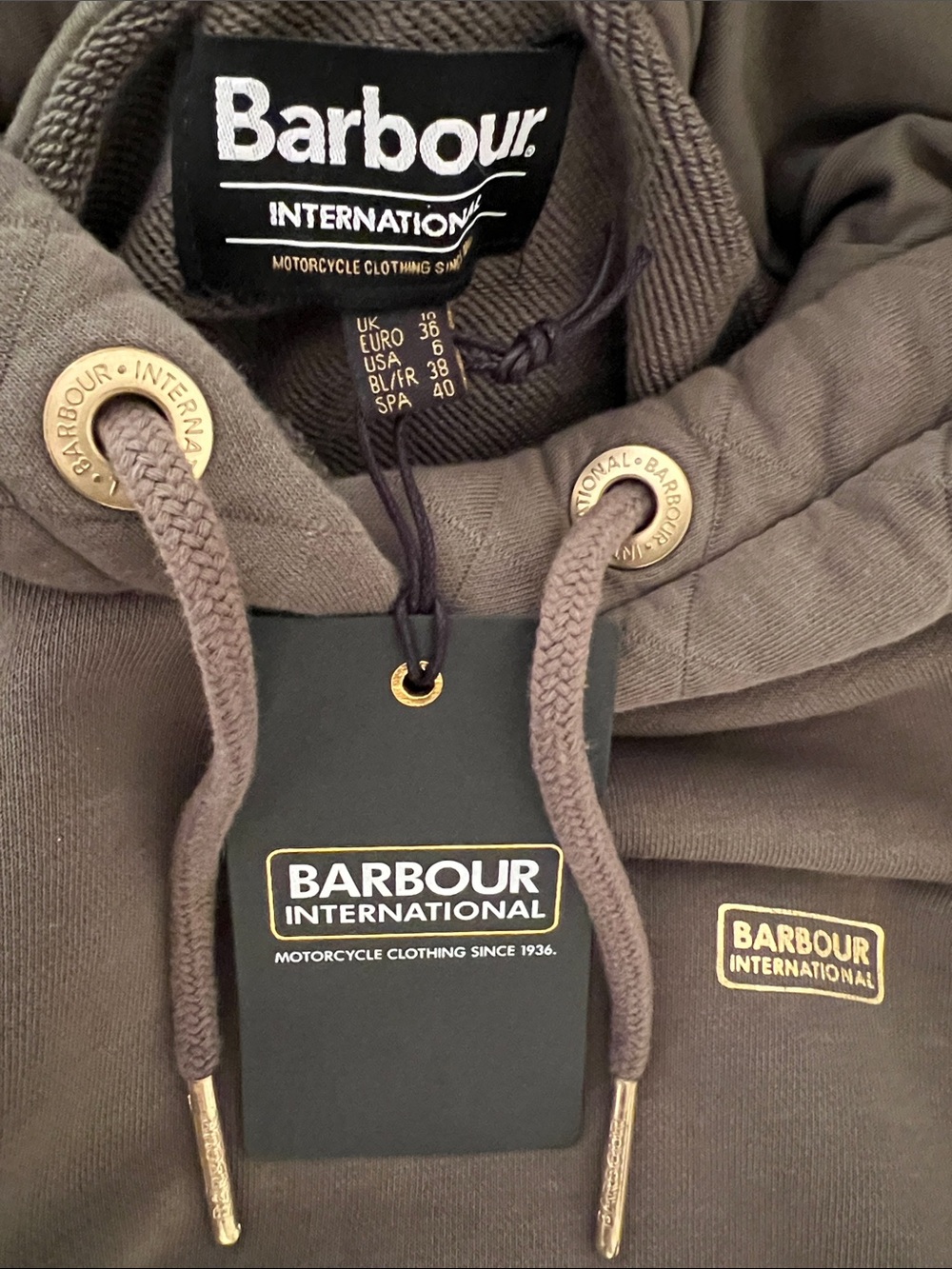 Barbour International Sarthe Overlayer Dusky Khaki Hoodie Sweatshirt Size 6 NWT - Picture 5 of 9
